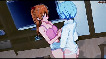 Rei and Asuka have lesbian sex in the living room.